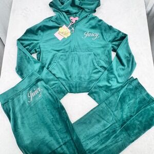 Juicy Couture Evergreen Velour Tracksuit Set Hoodie & Pants Women's Large Y2K